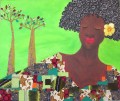 femme noire et arbre dans un décor vert Afriqueine